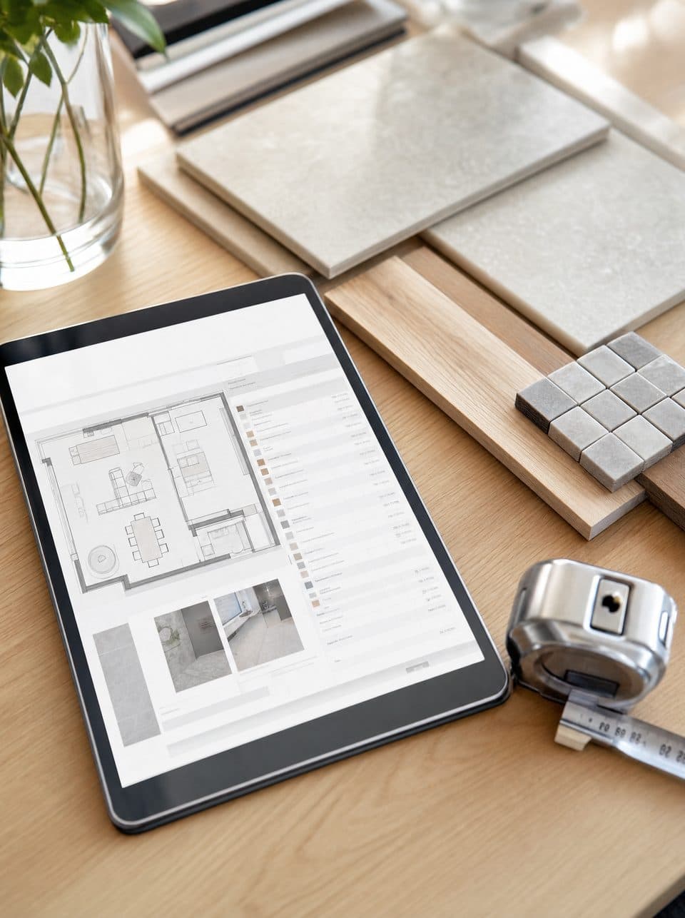 Devis et plan détaillés sur une tablette, à côté d'échantillons de carrelage et d'un mètre